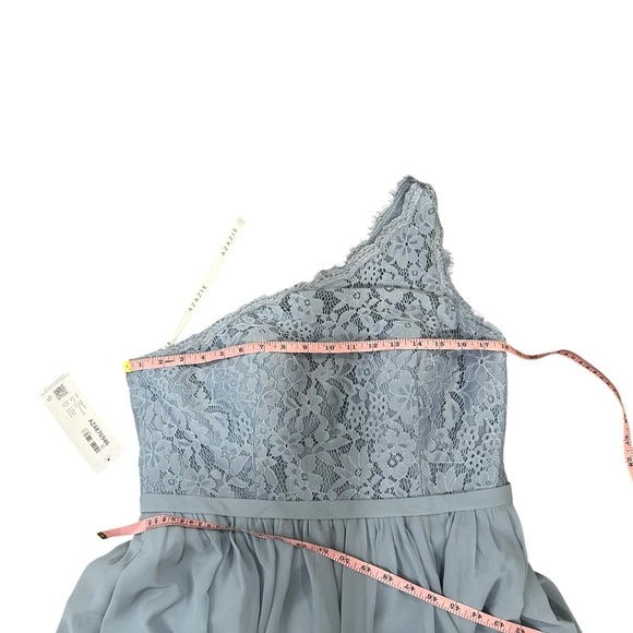 Azazie Demi one shoulder lace full length bridesmaid dress dusty blue size A14 - Picture 7 of 8